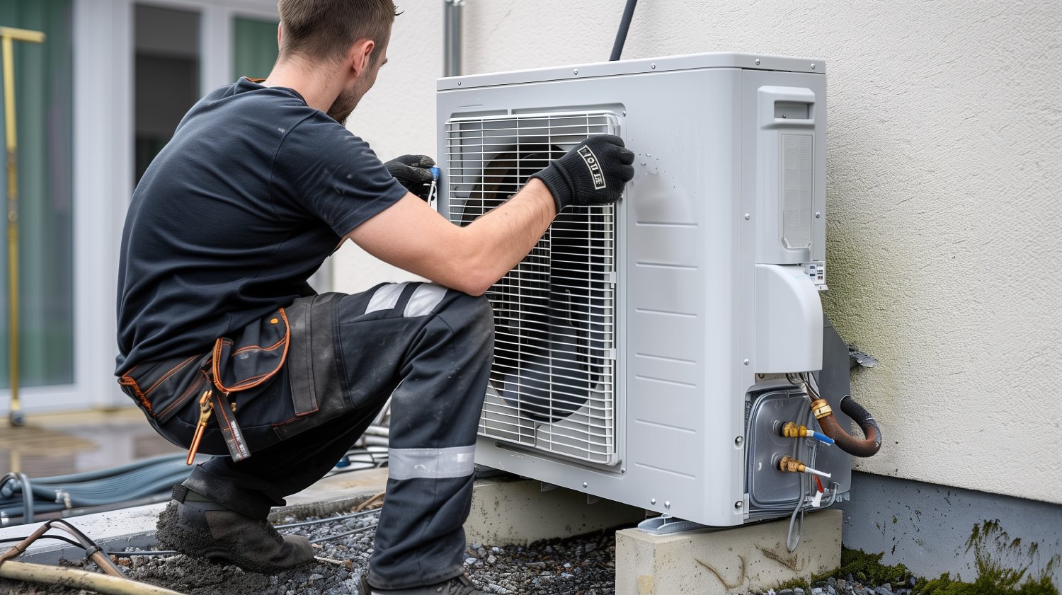male Engineer worker installing an air source heat pump unit outdoors at a house in Europe, warmte pomp, translation air source heat pump, airco for warming and cooling,